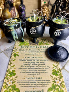 Pot of cold cast iron cauldron wealth and abundance spell candle