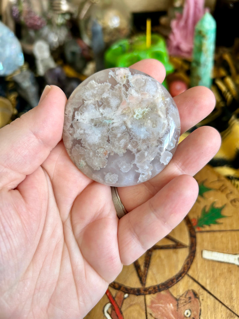 Flower Agate Sphere on Stand and Palm Stone Gift Set | Crystals | Witchcraft | Wicca | Pagan | Healing | Reiki | Chakra | Ornament | Ball
