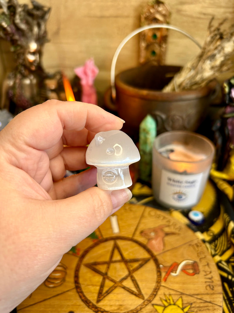 Mushroom Cottage Selenite Crystal Carving | House | Crystals | Reiki | Chakra | Spirituality | Witchy | Wicca | Pagan | Ornament | Gift