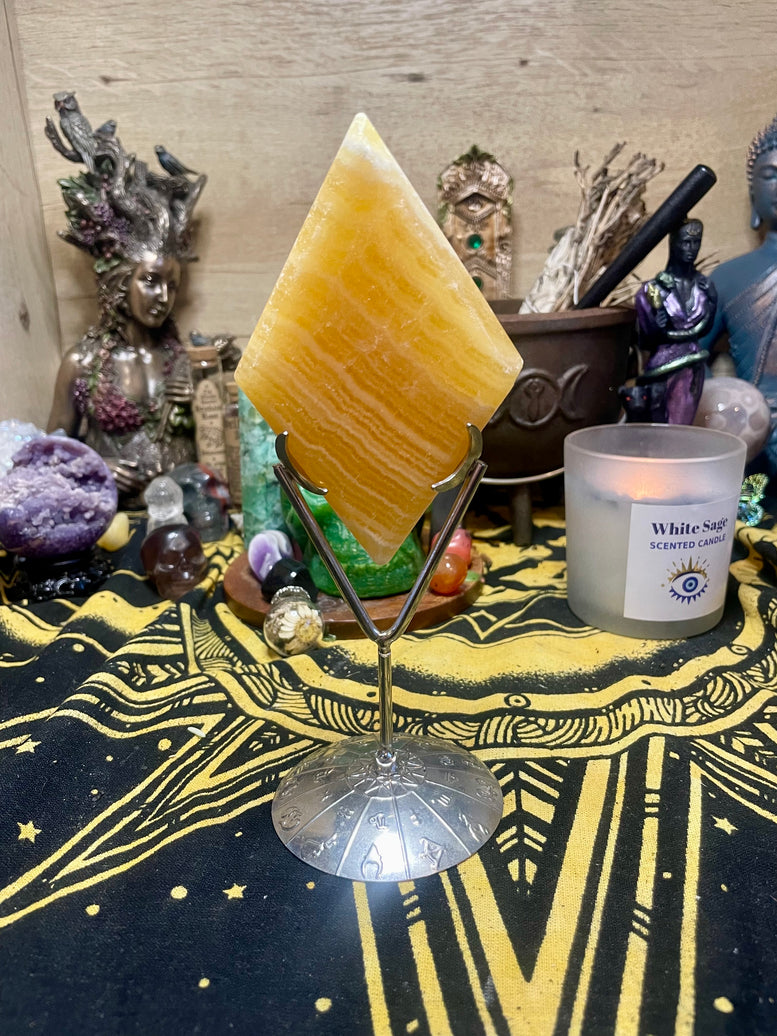 Orange Calcite Diamond on Astrological Stand | Crystals | Healing | Ornament | Witchy | Witchcraft | Reiki | Chakra | Wicca | Pagan | Gift
