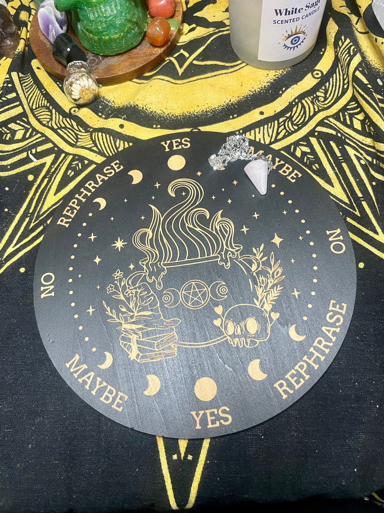 Pendulum Board and Rose Quartz Pendulum | Dowsing | Dowsing Board | Communication Board | Reading | Skull | Cauldron | Witchcraft | Wicca