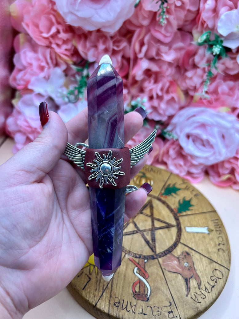 Fluorite Mermaid Wand: Winged Charm, Rhinestone Accents - Ritual Tool