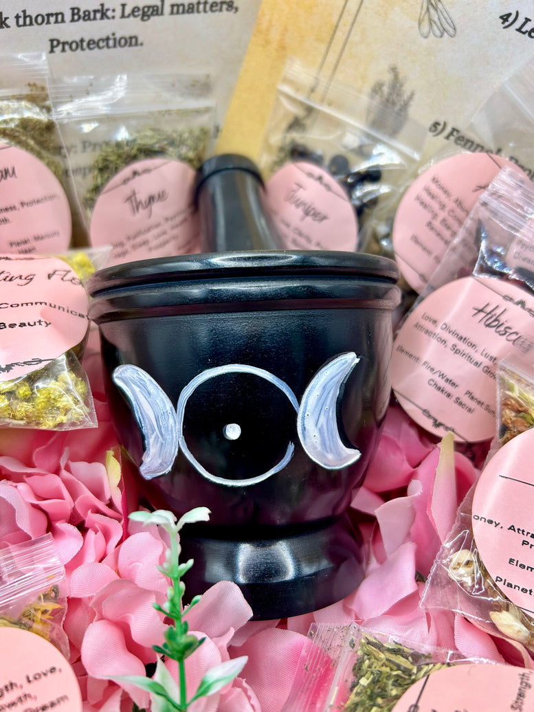 Mortar and Pestle Herb Kit - Herbs - Selenite - Incense - Witchcraft - Kitchen - Utensils