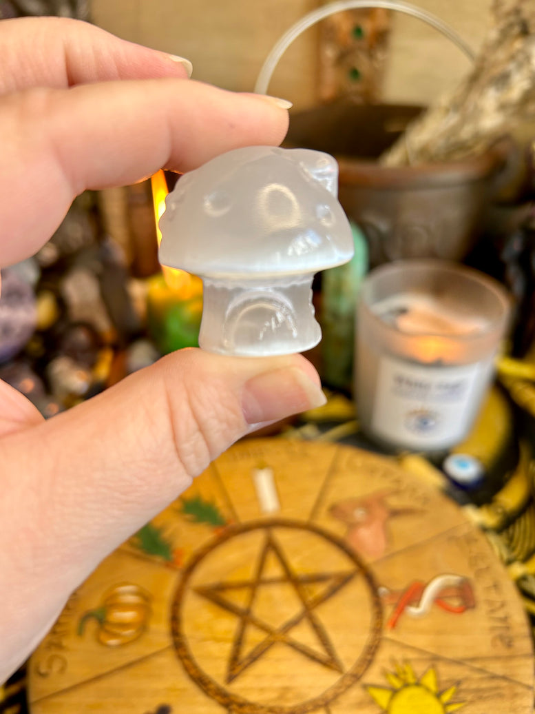 Mushroom Cottage Selenite Crystal Carving | House | Crystals | Reiki | Chakra | Spirituality | Witchy | Wicca | Pagan | Ornament | Gift