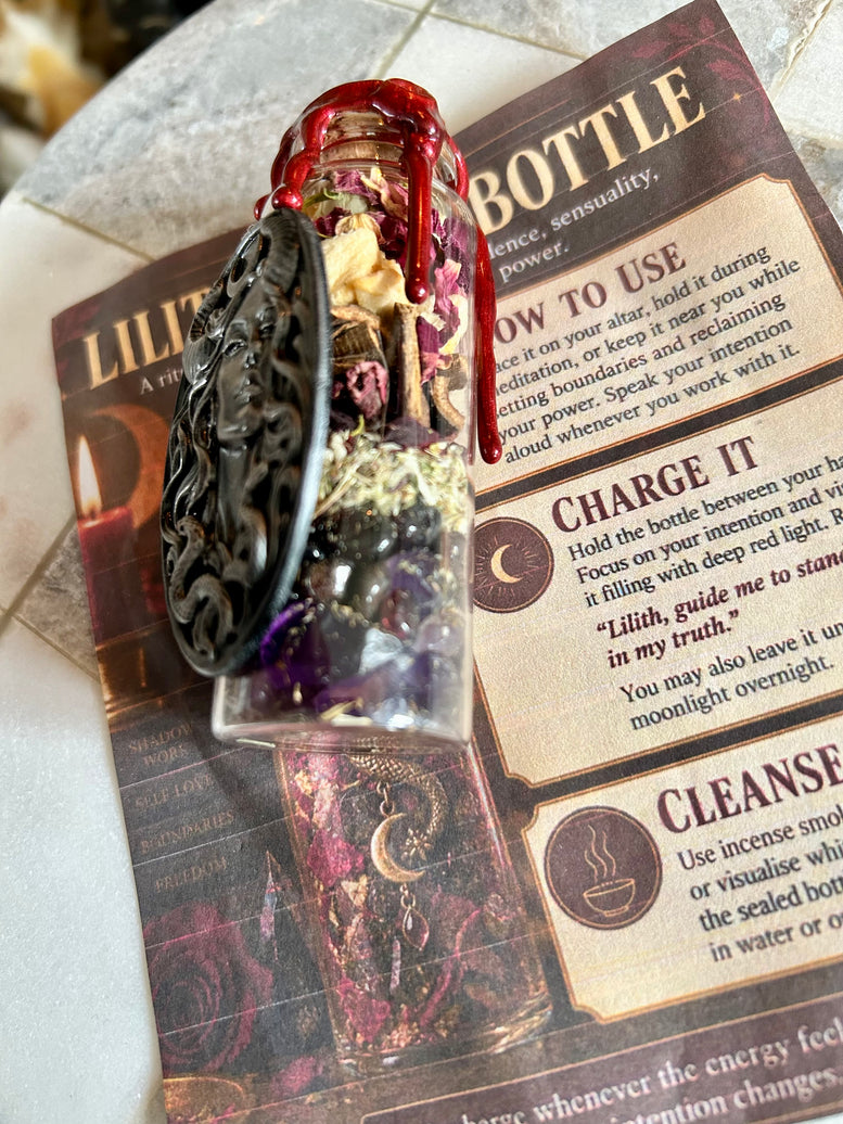 Handmade Lilith Spell Bottle with Charm Herbs & Crystals for Rituals Meditation Shadow Work Empowerment Confidence