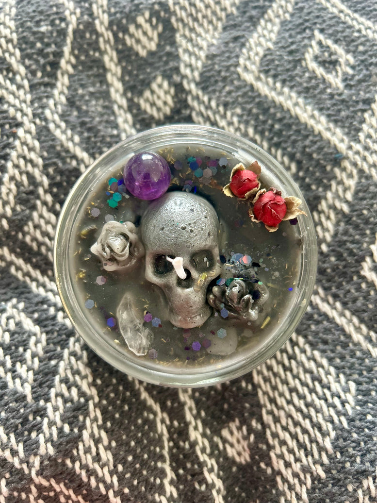 Protection and Banishing Hand Poured Spell Candle for Witchcraft with Amethyst Skull and Glitter Accents Decor Ornaments Decoration