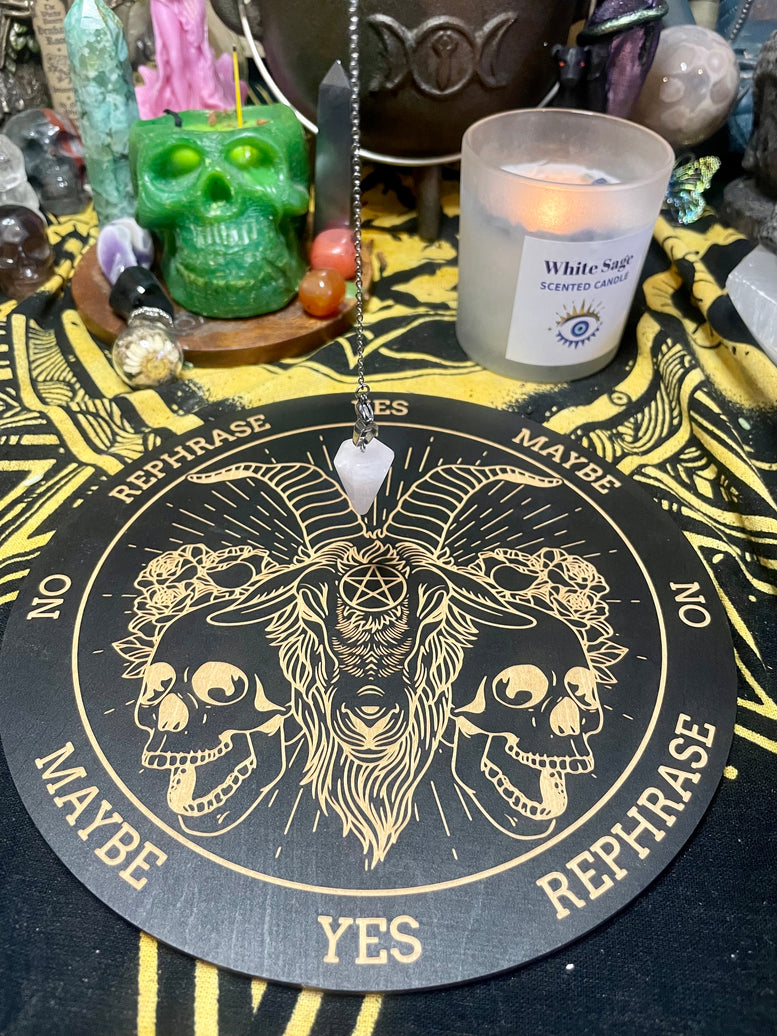 Pendulum Board and Rose Quartz Pendulum | Dowsing | Dowsing Board | Communication Board | Reading | Skull | Cauldron | Witchcraft | Wicca