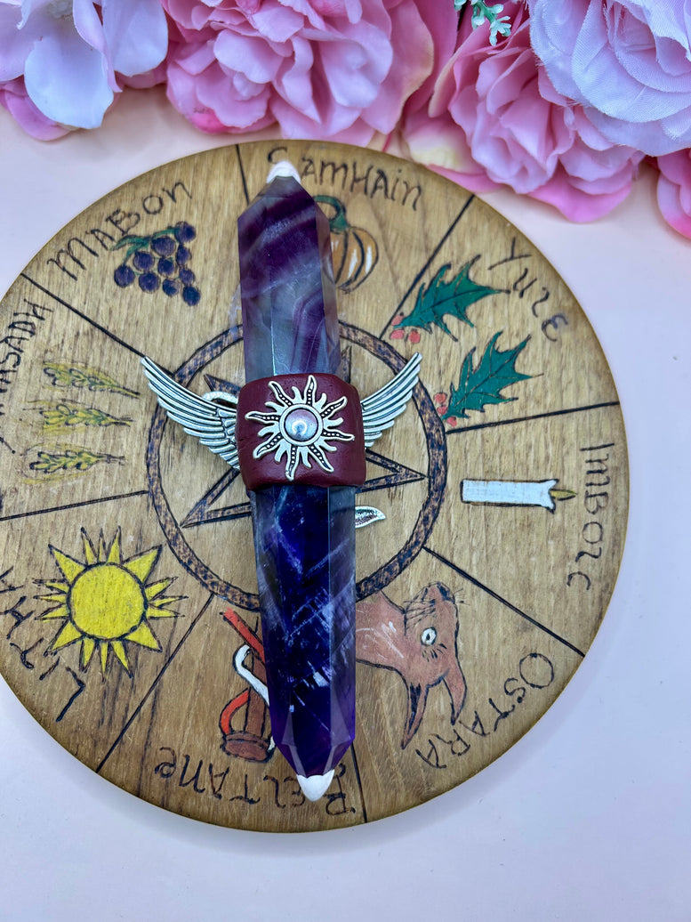 Fluorite Mermaid Wand: Winged Charm, Rhinestone Accents - Ritual Tool