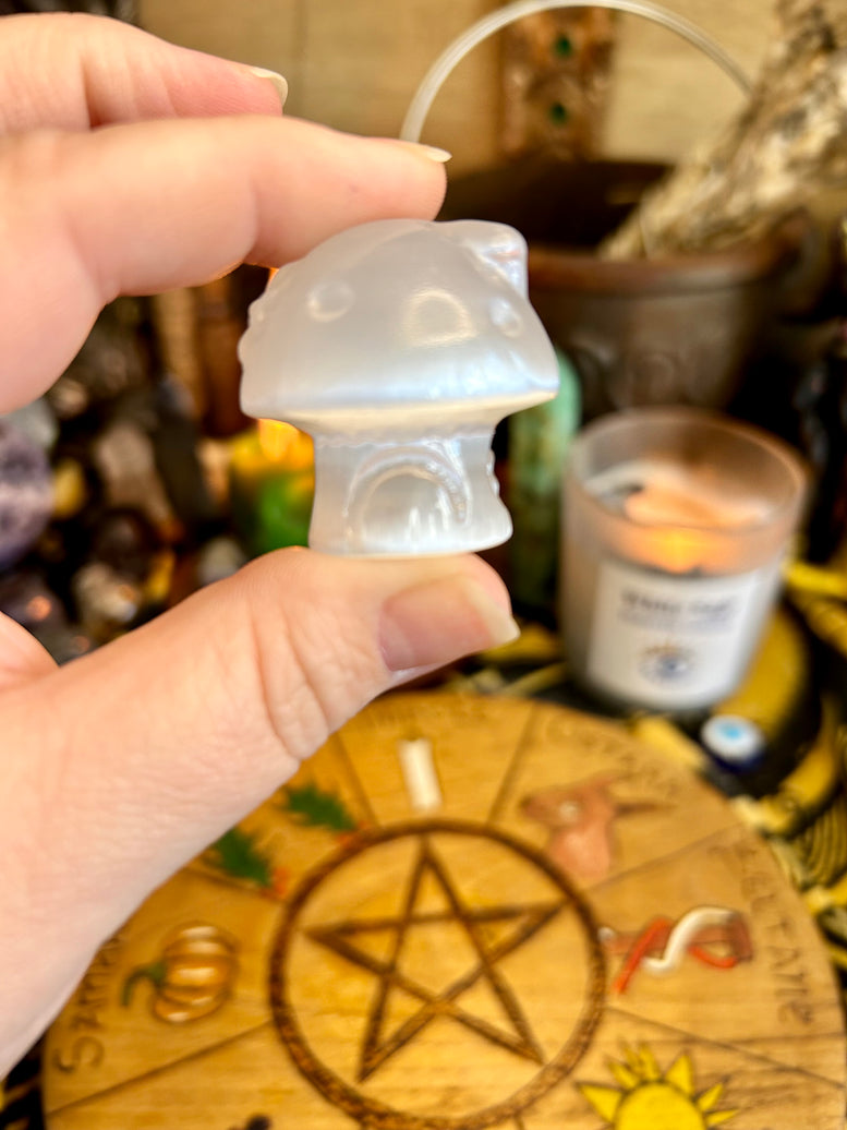 Mushroom Cottage Selenite Crystal Carving | House | Crystals | Reiki | Chakra | Spirituality | Witchy | Wicca | Pagan | Ornament | Gift