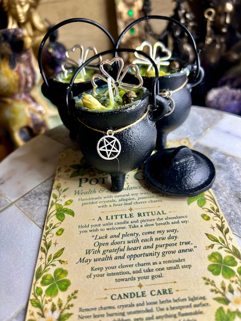 Pot of cold cast iron cauldron wealth and abundance spell candle