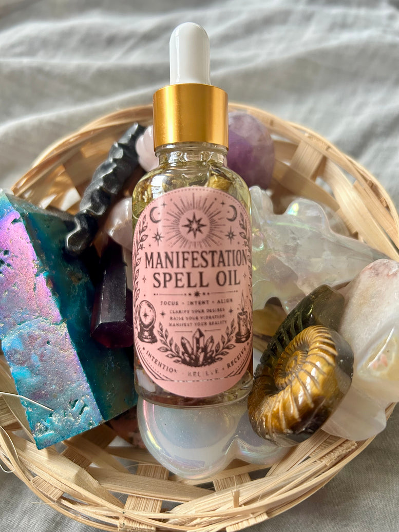Manifestation Spell Oil 30ml - Focus Intention Allure with Carnelian & Amethyst Crystals for Spiritual Alignment and Manifestation Rituals