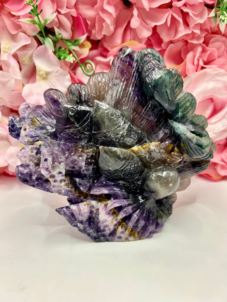 Ocean themed rainbow fluorite crystal carving 1kg 14cm