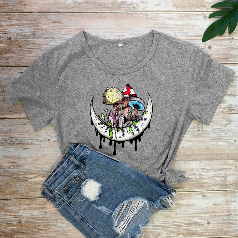 Mushrooms And Crystals On Moon Colored T-shirt