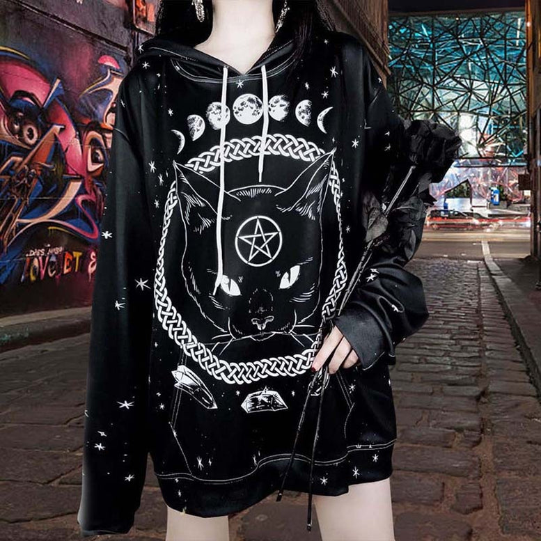Cat Moon Pentacle Print Oversized Hoodie