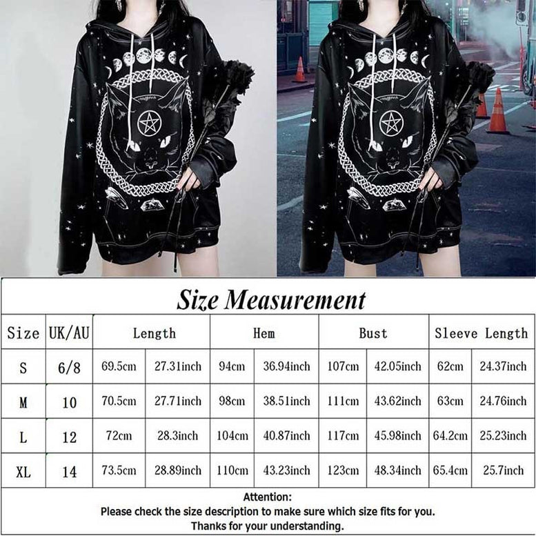 Cat Moon Pentacle Print Oversized Hoodie