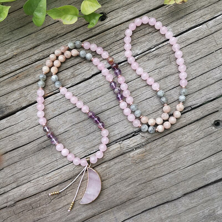 8mm Natural Crystal Beads,Labradorite,Rose Quartz,Moon,JapaMala Mala Beads