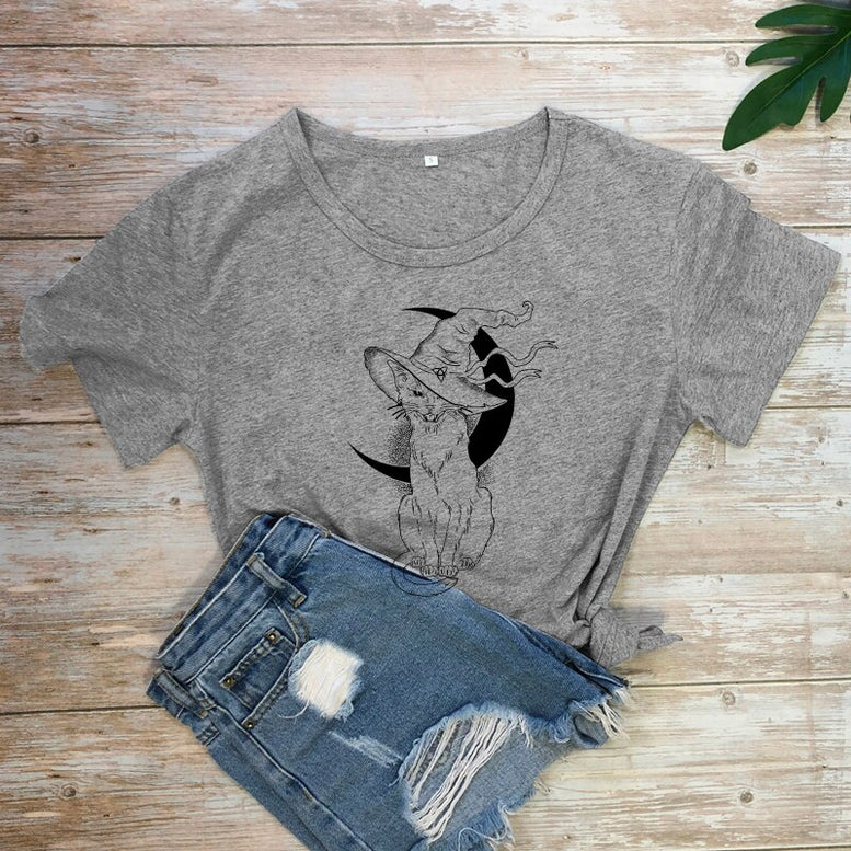 Celestial Moon Cat Witch T-shirt