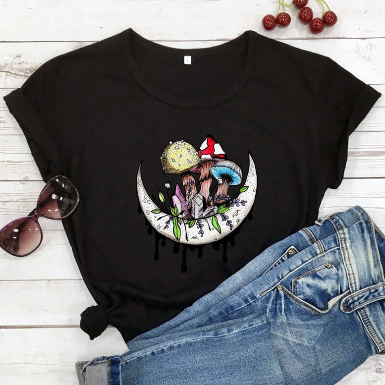 Mushrooms And Crystals On Moon Colored T-shirt