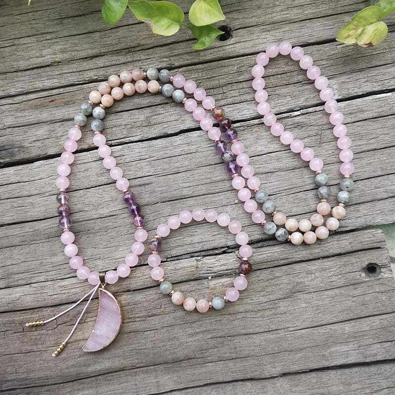 8mm Natural Crystal Beads,Labradorite,Rose Quartz,Moon,JapaMala Mala Beads