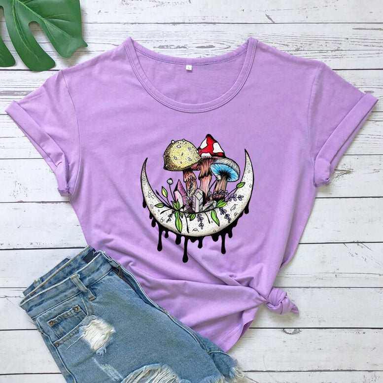 Mushrooms And Crystals On Moon Colored T-shirt