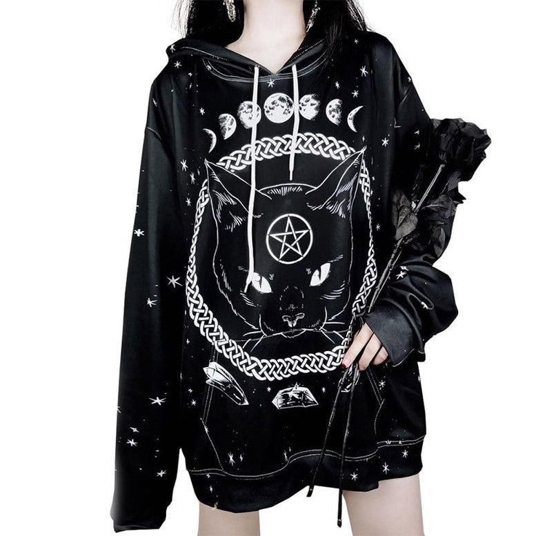 Cat Moon Pentacle Print Oversized Hoodie
