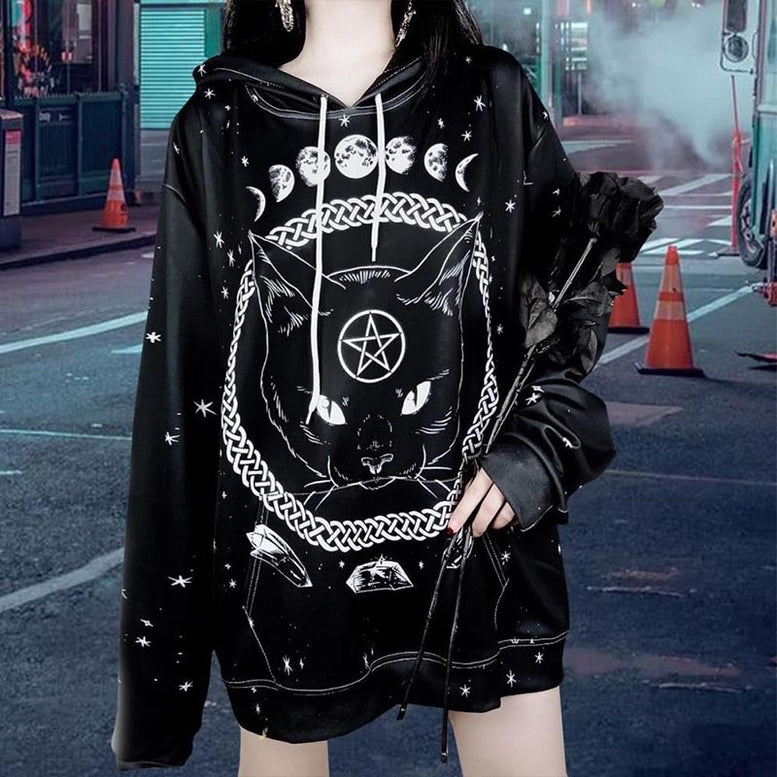Cat Moon Pentacle Print Oversized Hoodie