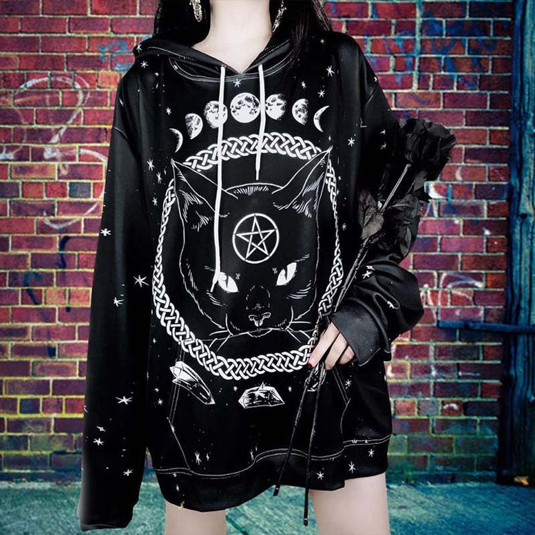 Cat Moon Pentacle Print Oversized Hoodie