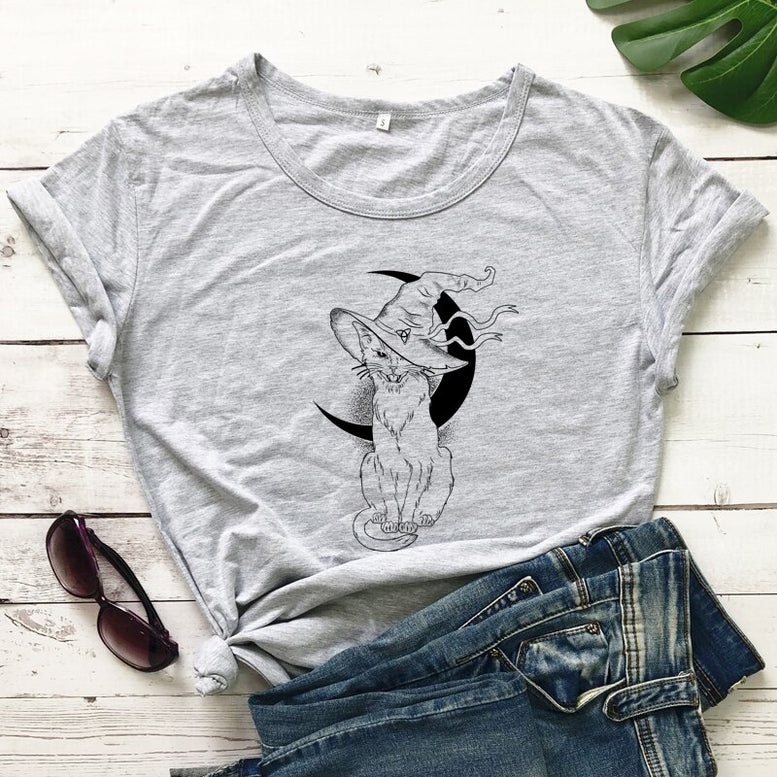 Celestial Moon Cat Witch T-shirt