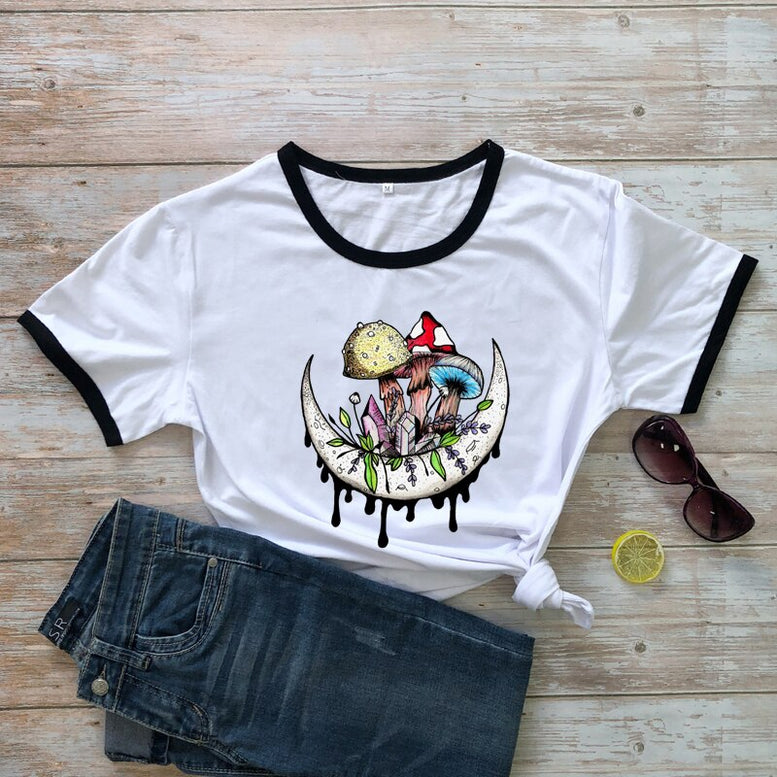 Mushrooms And Crystals On Moon Colored T-shirt