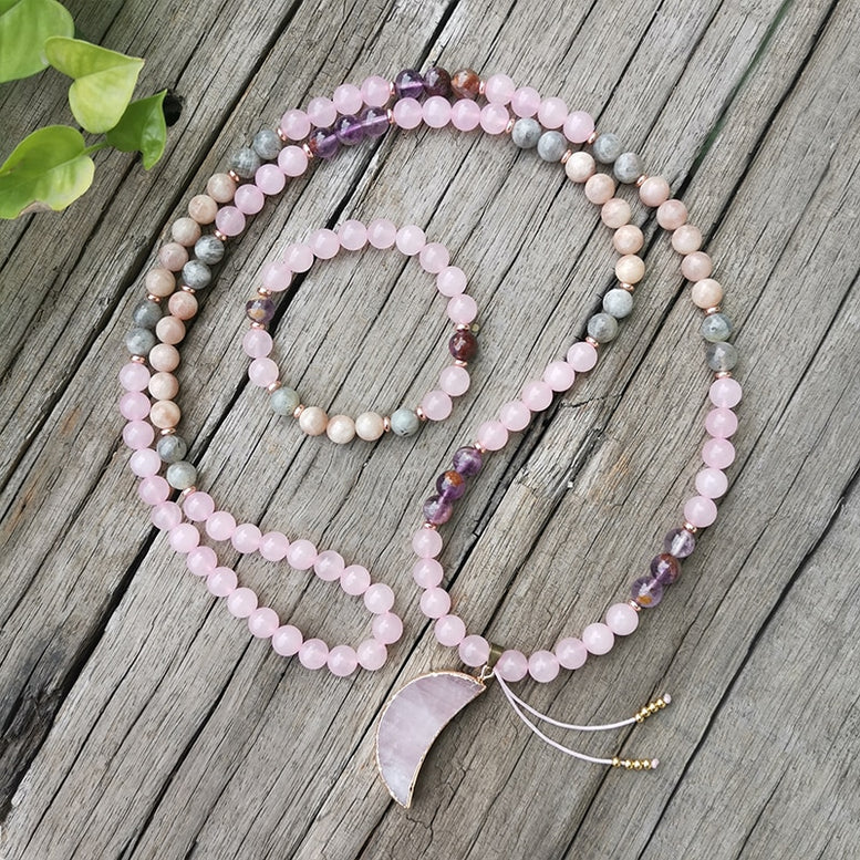 8mm Natural Crystal Beads,Labradorite,Rose Quartz,Moon,JapaMala Mala Beads