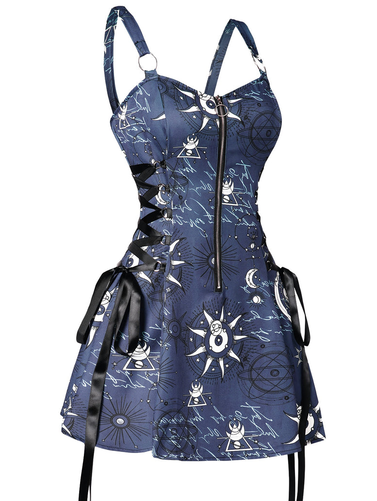 Celestial Sun Moon Print Lace Up Mini Dress