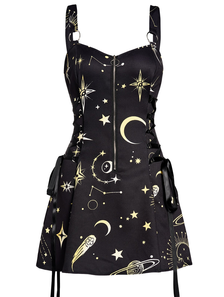 Celestial Sun Moon Print Lace Up Mini Dress