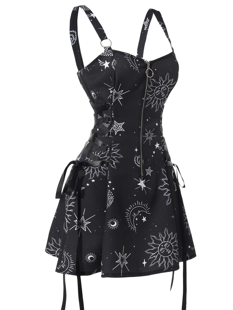 Celestial Sun Moon Print Lace Up Mini Dress