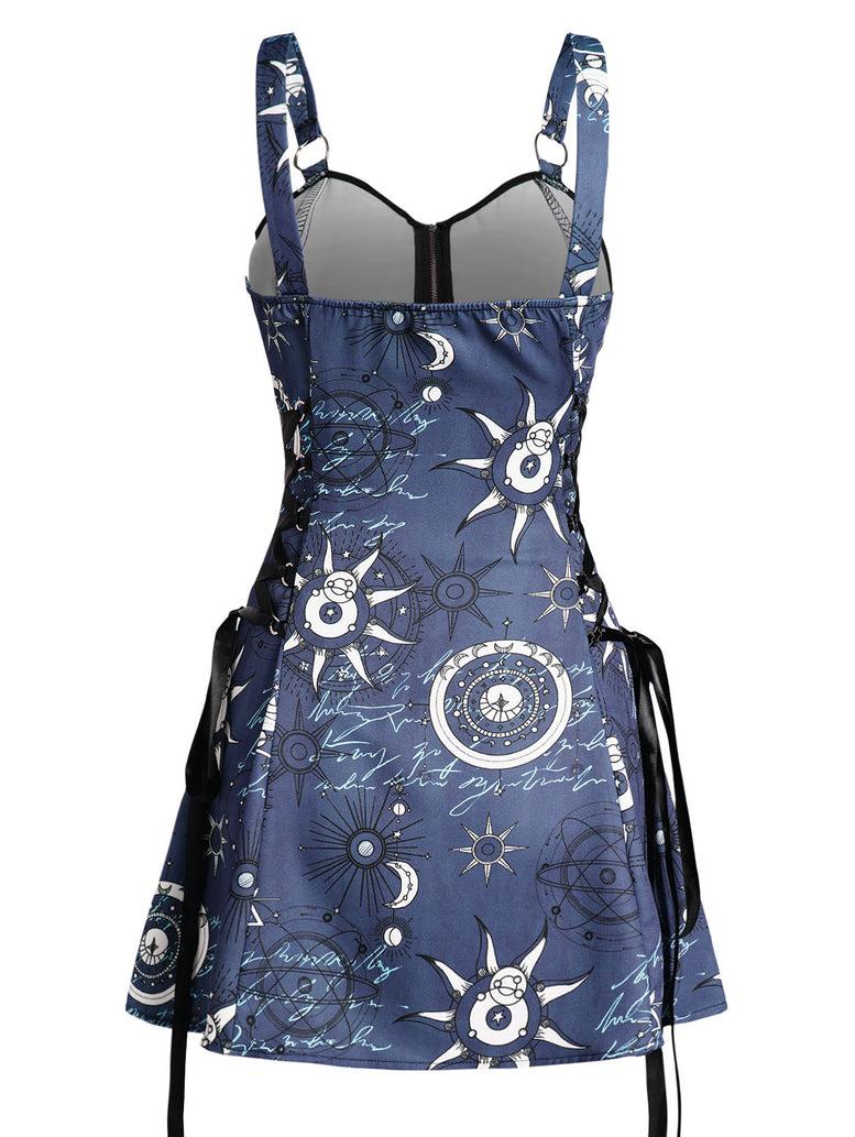 Celestial Sun Moon Print Lace Up Mini Dress