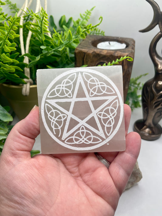 Hand Made Laser Engraved Pentagram Selenite Charging Plate | Witchcraft | Wiccan | Pagan | Reiki | Chakra | Crystals | Crystal Charging