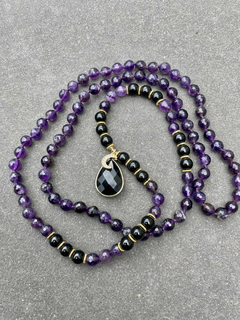 Awakening Moon Goddess Amethyst and Onyx Necklace 108 Mala Beads | Prayer Beads | Meditation | Worry Beads | Rosaries | Crystal | Wicca