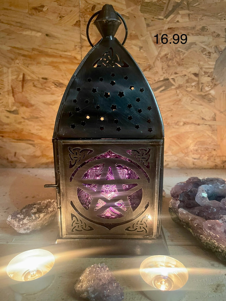 Pentagram Lantern Candle Holder | Zinc | Antique | Glass | Witchcraft | Wiccan | Pagan | Ritual | Candle | Candle Holder | Ornament | gift