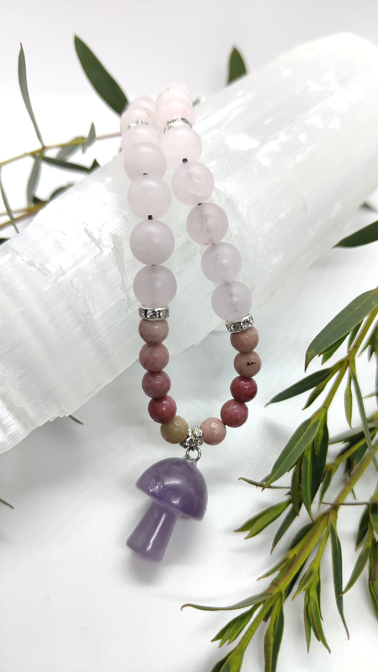 Unique Handmade Frosted Rose Quartz, Rhodonite & Amethyst Mushroom Charm Necklace | Wiccan | Pagan | Crystal Healing | Chakra | Reiki | Gift