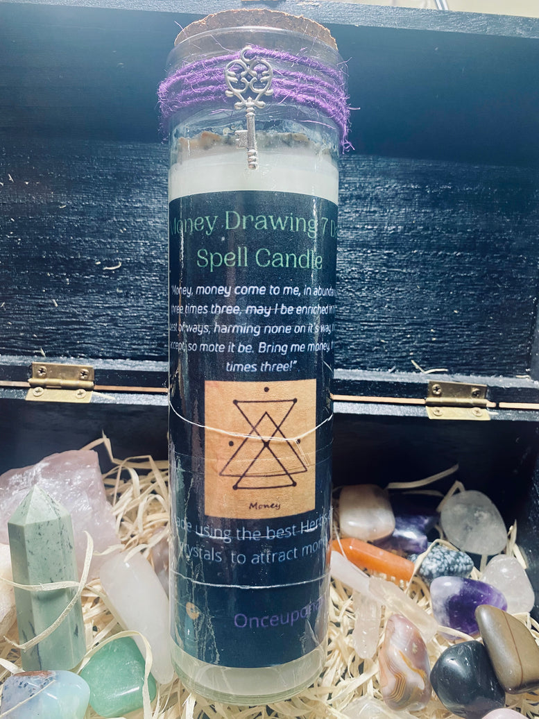 7 day herb and crystal infused Money Drawing Spell Candle | Witchcraft | Pagan | Wiccan | Money | Ritual Candle