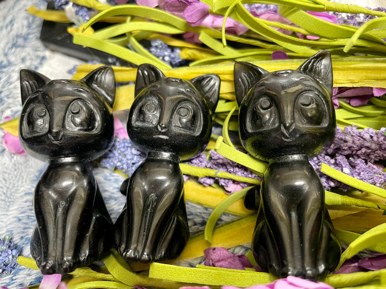 Lunar Moon Cat Natural Black Obsidian Crystal Carving | Black Cat | Kitty | Witchcraft | Wiccan | Pagan | Reiki | Chakra
