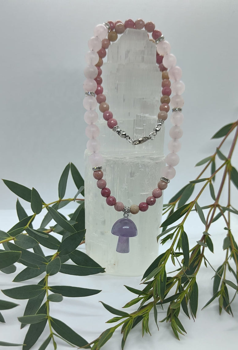 Unique Handmade Frosted Rose Quartz, Rhodonite & Amethyst Mushroom Charm Necklace | Wiccan | Pagan | Crystal Healing | Chakra | Reiki | Gift