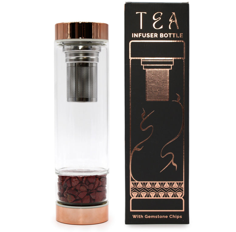 Crystal Glass Tea Infuser Bottle - Rose Gold | Amethyst | Rose Quartz | Quartz | Red Jasper | Onyx | Witchcraft | Wiccan | Pagan | Gift