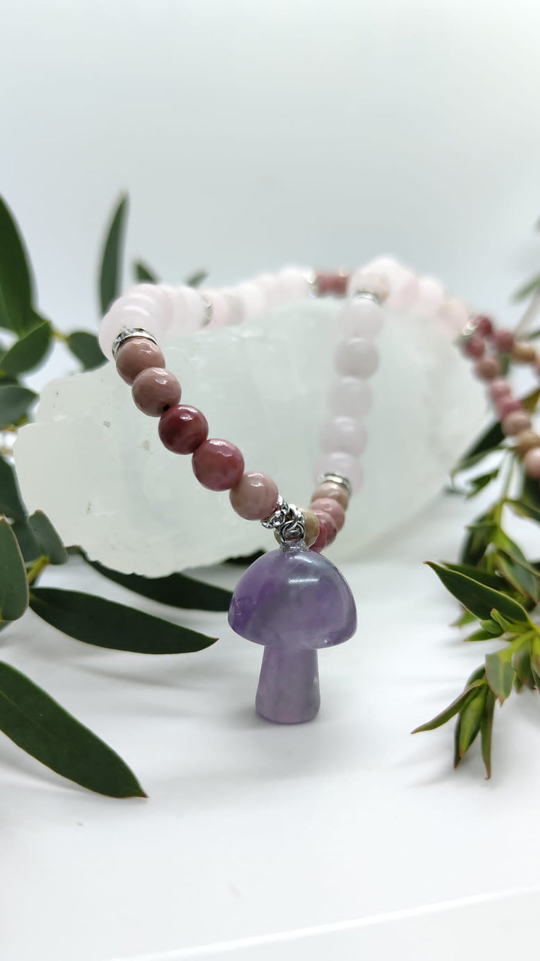 Unique Handmade Frosted Rose Quartz, Rhodonite & Amethyst Mushroom Charm Necklace | Wiccan | Pagan | Crystal Healing | Chakra | Reiki | Gift