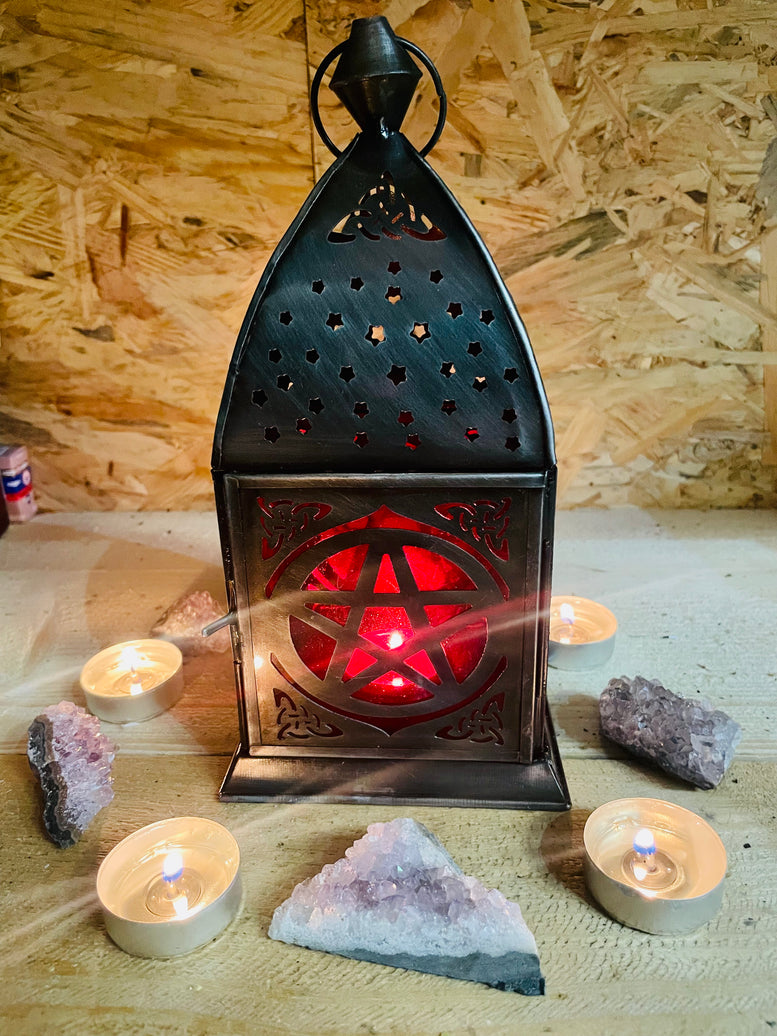 Pentagram Lantern Candle Holder | Zinc | Antique | Glass | Witchcraft | Wiccan | Pagan | Ritual | Candle | Candle Holder | Ornament | gift