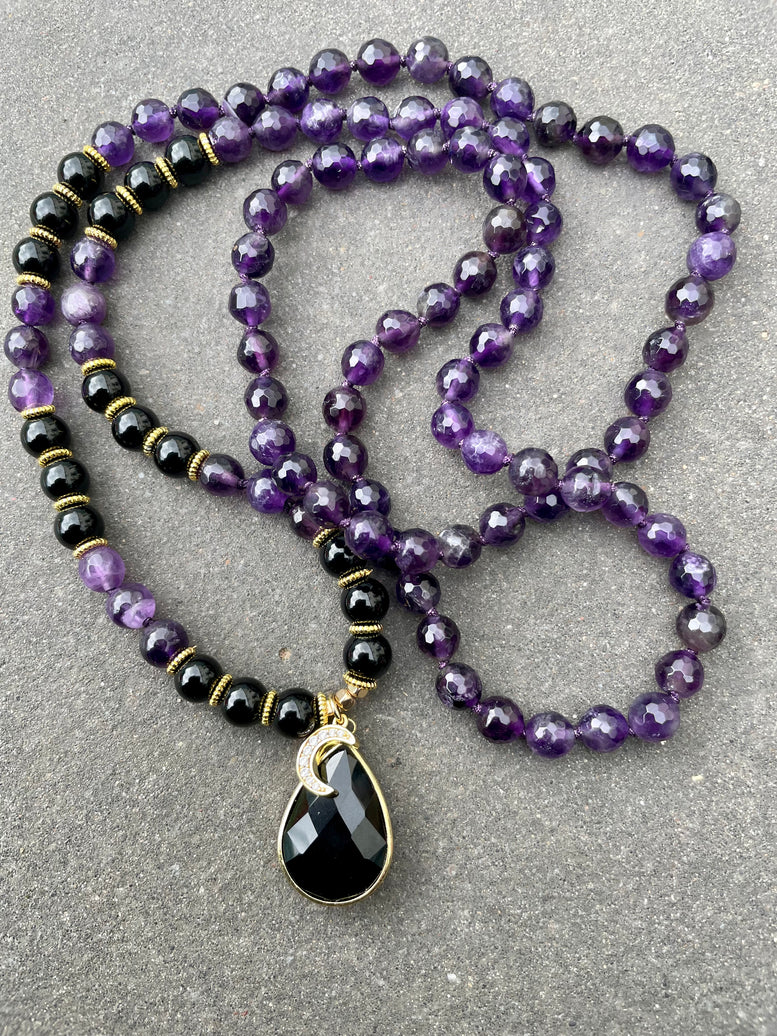 Awakening Moon Goddess Amethyst and Onyx Necklace 108 Mala Beads | Prayer Beads | Meditation | Worry Beads | Rosaries | Crystal | Wicca