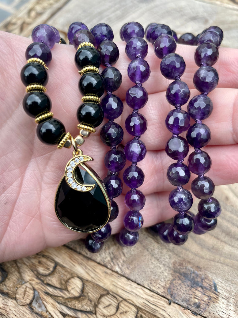 Awakening Moon Goddess Amethyst and Onyx Necklace 108 Mala Beads | Prayer Beads | Meditation | Worry Beads | Rosaries | Crystal | Wicca