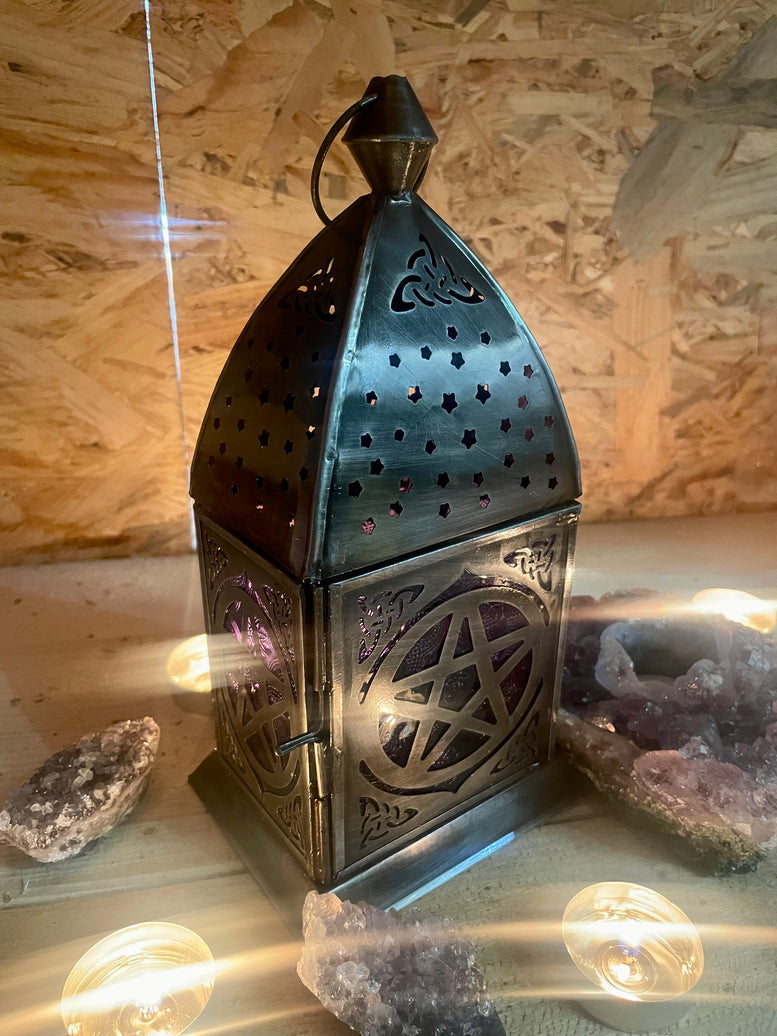 Pentagram Lantern Candle Holder | Zinc | Antique | Glass | Witchcraft | Wiccan | Pagan | Ritual | Candle | Candle Holder | Ornament | gift