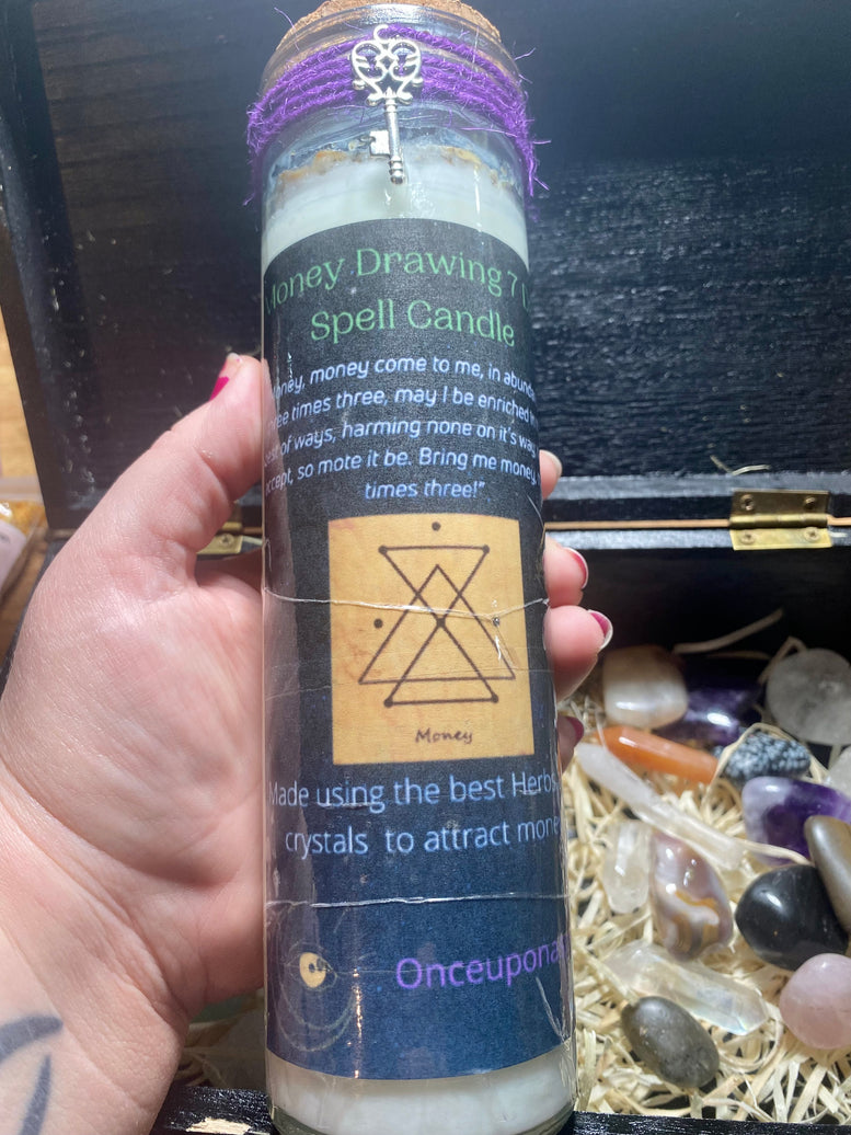 7 day herb and crystal infused Money Drawing Spell Candle | Witchcraft | Pagan | Wiccan | Money | Ritual Candle