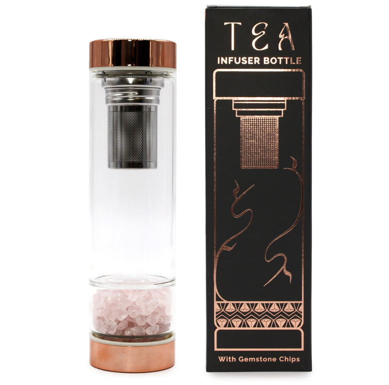 Crystal Glass Tea Infuser Bottle - Rose Gold | Amethyst | Rose Quartz | Quartz | Red Jasper | Onyx | Witchcraft | Wiccan | Pagan | Gift