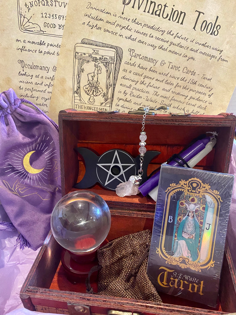 Starter/Beginners Divination Chest Gift Set | Tarot Cards | Crystal Ball | Pendulum | Spell Candles | Wicca | Pagan | Witchcraft